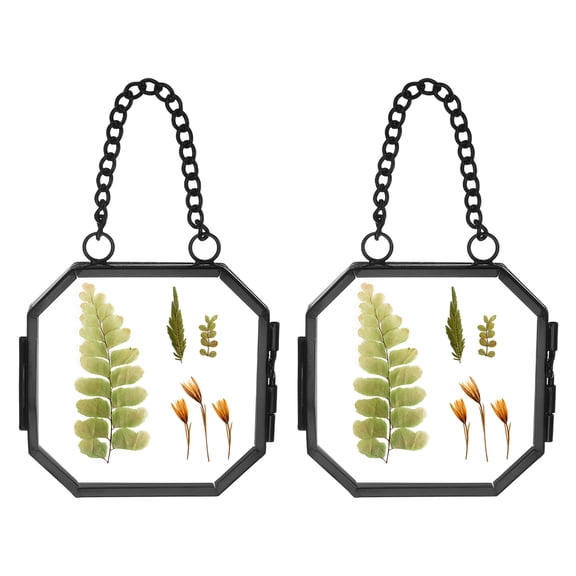 Uxcell 2Pcs Mini Hanging Glass Frame, 2.4 Inch Clear Brass Frame with Chain Octagon Floating Picture Frame Double Glass