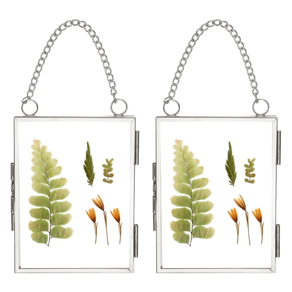 Uxcell 2Pcs Mini Hanging Glass Frame, 2.5x3.5 Inch Clear Brass Frame with Chain Rectangle Floating Picture Frame Double Glass