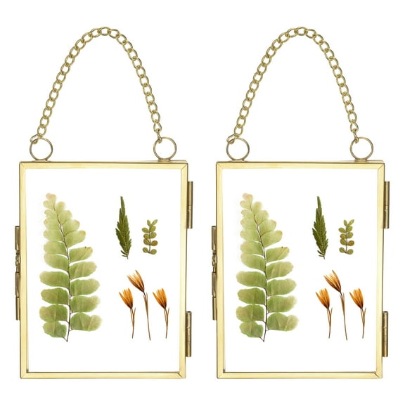 Uxcell 2Pcs Mini Hanging Glass Frame, 2.5x3.5 Inch Clear Brass Frame with Chain Rectangle Floating Picture Frame Double Glass