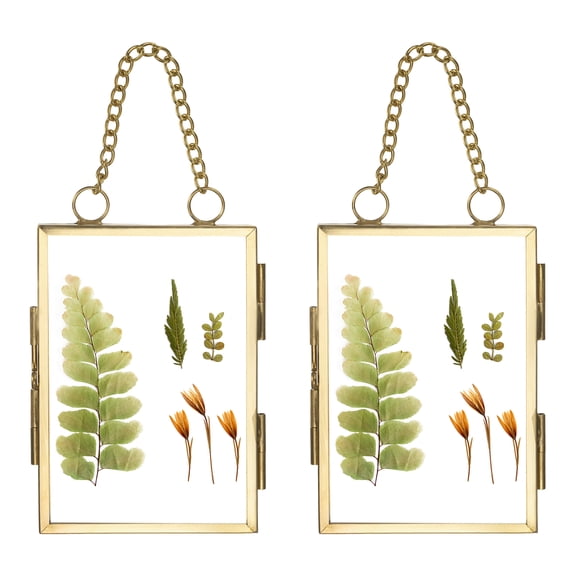 Uxcell 2Pcs Mini Hanging Glass Frame, 2x3 Inch Clear Brass Frame with Chain Rectangle Floating Picture Frame Double Glass