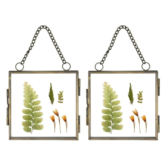 Uxcell 2Pcs Mini Hanging Glass Frame, 3x3 Inch Clear Brass Frame with Chain Square Floating Picture Frame Double Glass