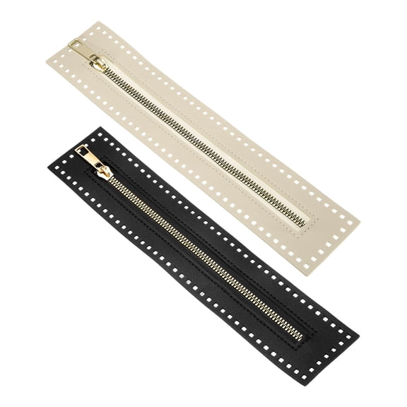 Uxcell 2Pcs PU Leather Zipper, 10.6In Coil Frame Metal Close End Crochet Zippers with Holes for Sewing Handbag/DIY Purse/Clothing Making [Black and Beige]