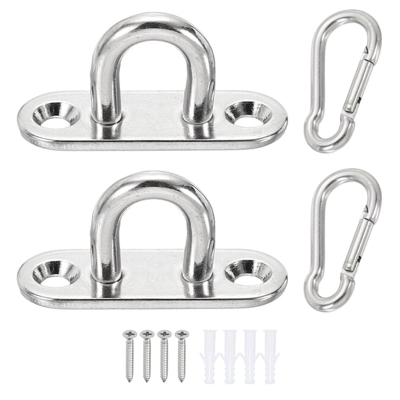 Uxcell 2Pcs Pad Eye Hooks M5, 304 Stainless Steel Ceiling Wall Hook, Oval Pad Eye Plates with Carabiner Clip, Screws&Tubes, for Hammock Swing Mount, Marine Hardware
