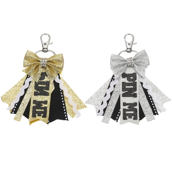 Uxcell 2Pcs Pin Me Cheer Bow Keychain, Sport Cute Cheerleader Gifts Key Chains for Backpack Purse Keyring Schoolbag Pendant Birthday Gift, Light Gold, Silver