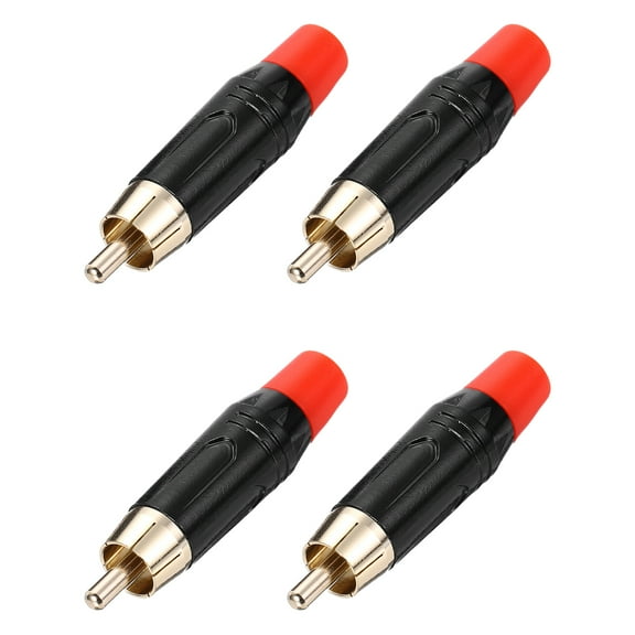 4Pcs RCA Male Plugs/connector/adapter, Speaker Wire Connector, RCA Solder Gold-Plated Copper Male Stereo Audio Connector Adapter 8MM Jack(Black, Red/black Rubber Ring)