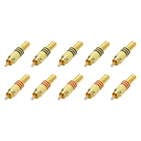 10PcsRCA male plugs/connector/adapter, Speaker Wire Connector, RCA Solderless Gold-Plated Copper Male Stereo Audio Connector Adapter 8MM Jack(GoldRed/black Rubber Ring)