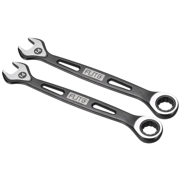 Uxcell 2Pcs Ratcheting Combination Wrench 14mm Stubby Wrench Metric High Carbon Steel Double 12-Point Box Open-Ended Ratchet Spanner Tool for Household Garage Workshop Auto Repairs, Black