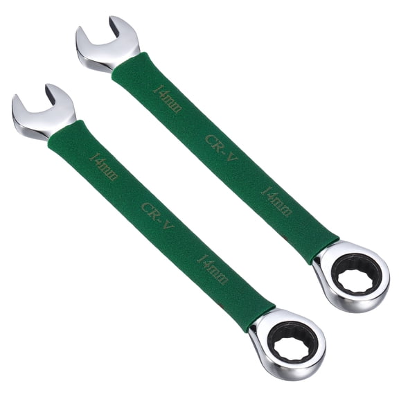 Uxcell 2Pcs Ratcheting Combination Wrench 14mm Stubby Wrench Metric Steel Double 12-Point Box Open-Ended Ratchet Spanner Tool for Household Garage Workshop Auto Repairs, Green
