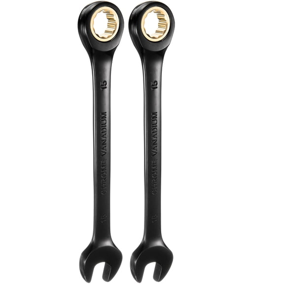 Uxcell 2Pcs Ratcheting Wrench 15mm Metric Open End Wrench 72-Teeth CR-V Steel 12 Point Nickel Plated Combination Ratchet Wrench