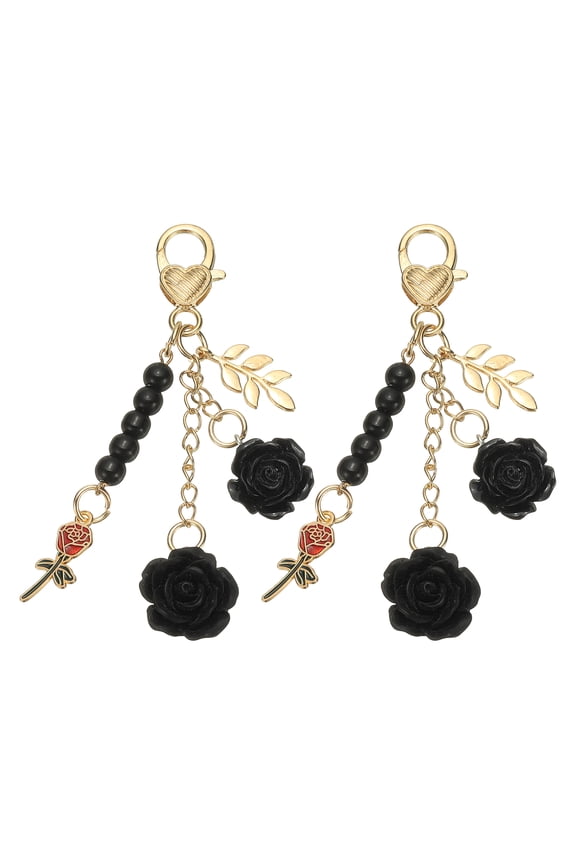 2Pcs Rose Keychain Charm, Purse Charm Rose Keychains Flower Purse Bag Charm Keychain with Chain Tassel for Women Handbag Wallet Backpack Pendant Keyring, Black