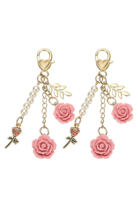 2Pcs Rose Keychain Charm, Purse Charm Rose Keychains Flower Purse Bag Charm Keychain with Chain Tassel for Women Handbag Wallet Backpack Pendant Keyring, Light Purple