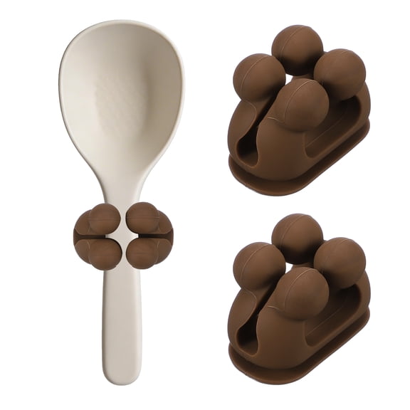 Uxcell 2Pcs Silicone Rice Spoon Holder, Self Adhesive Mount Rice Paddle Spatula Holder Spoon Rest Organizer Clip Hook Hanging for Home Kitchen Restaurants, Brown(Upgraded Clip)