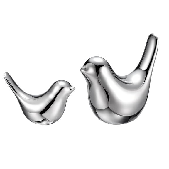 Uxcell 2Pcs Small Bird Statues, 3 Inch and 4.3 Inch Ceramic Birds Figurines Bird Modern Home Decorative Small Animal Statues for Office Bookshelf Bedroom Living Room, Silver