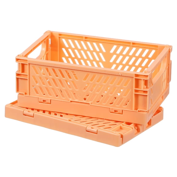 Uxcell 2Pcs Small Plastic Storage Baskets, 6 x 3.9 x 2.4" Stackable Foldable Storage Bins with Handles Collapsible Crates for Home Office Shelves Closet Clothes Books Organizing, Light Orange
