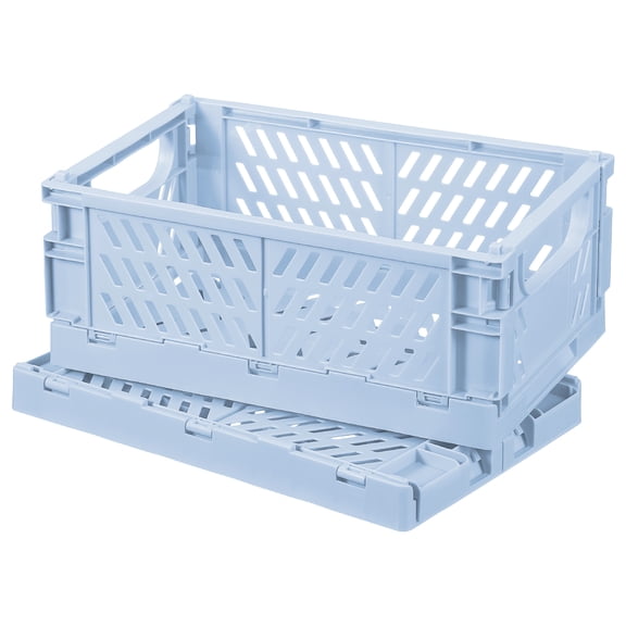 Uxcell 2Pcs Small Plastic Storage Baskets, 6 x 3.9 x 2.4" Stackable Foldable Storage Bins with Handles Collapsible Crates for Home Office Shelves Closet Clothes Books Organizing, Light Blue