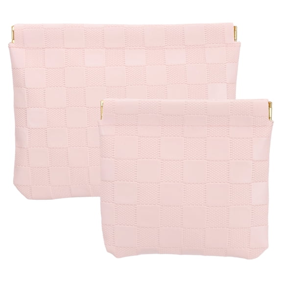 Uxcell 2Pcs Small Snap Closure Pouches for Purse, Mini Waterproof Leather Checkered Makeup Bag Portable No Zipper Self-Closing Travel Pocket Organizer Pouch Cosmetic Bag, Pink