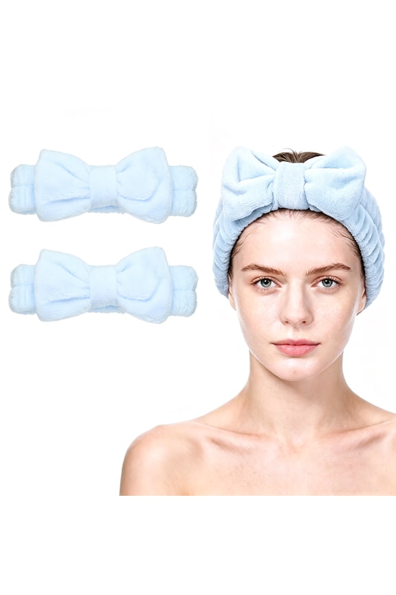 2Pcs Spa Headbands, Soft Flannel Bow Facial Skincare Headband Makeup Hairbands with Elastic Band for Women Teens Washing Face Shower Bath Skincare Makeup Yoga Gift, Blue