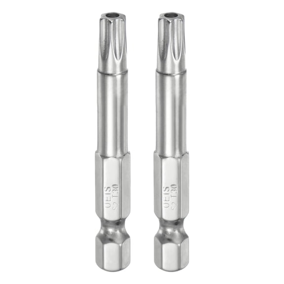 Uxcell 2Pcs T30 Security Torx Bit 1/4" Hex Shank 2" S2 Steel Magnetic Tamper Resistant Star Bits Torx Head with Hole