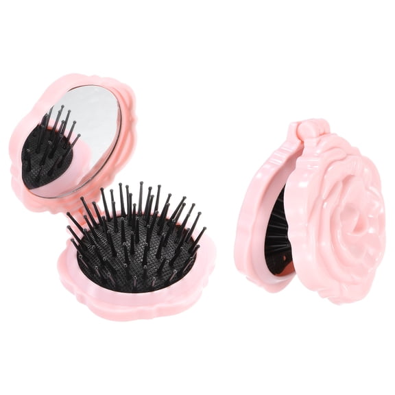 Uxcell 2Pcs Travel Hair Brush with Mirror, Rose Shape Mini Massage Hairbrush, Portable Makeup Pocket Mirror Folding Comb for Purse Women Girls Gym Camping Party and Daily Use, Pink
