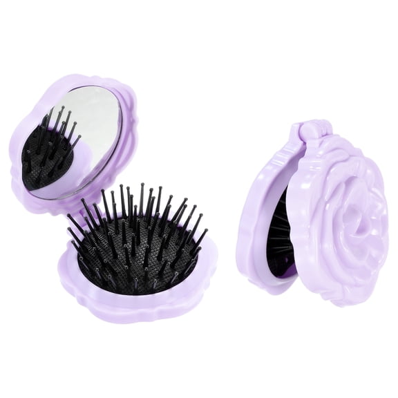 Uxcell 2Pcs Travel Hair Brush with Mirror, Rose Shape Mini Massage Hairbrush, Portable Makeup Pocket Mirror Folding Comb for Purse Women Girls Gym Camping Party and Daily Use, Purple