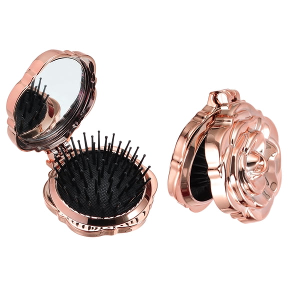 Uxcell 2Pcs Travel Hair Brush with Mirror, Rose Shape Mini Massage Hairbrush, Portable Makeup Pocket Mirror Folding Comb for Purse Women Girls Gym Camping Party and Daily Use, Rose Gold