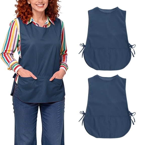 Uxcell 2Pcs Unisex Smock Apron, Kitchen Cleaning Work Apron Water & Oil Resistant for Men and Women with Side Ties and 2 Pocket for Chef Kitchen, Cleaning, Barber, Art Painting, Dark Blue
