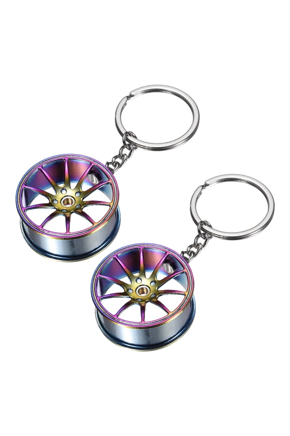 2Pcs Wheel Rim Tyre Keychain, Car Wheel Hub Auto Parts Key Chains Creative Key Fob Ring Fit Men Women for Cars Trucks Bikes, Assorted Colors