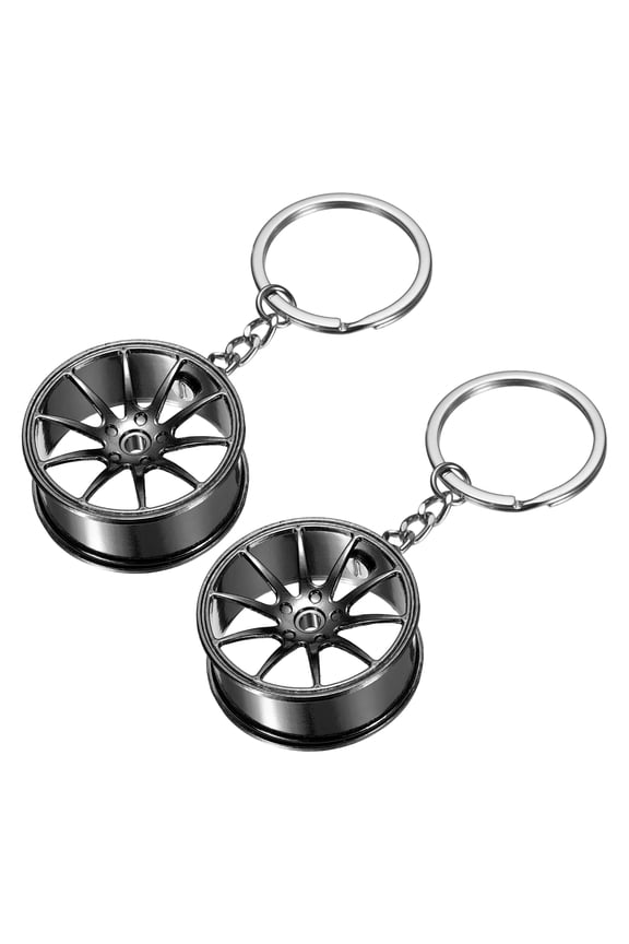 2Pcs Wheel Rim Tyre Keychain, Car Wheel Hub Auto Parts Key Chains Creative Key Fob Ring Fit Men Women for Cars Trucks Bikes, Black