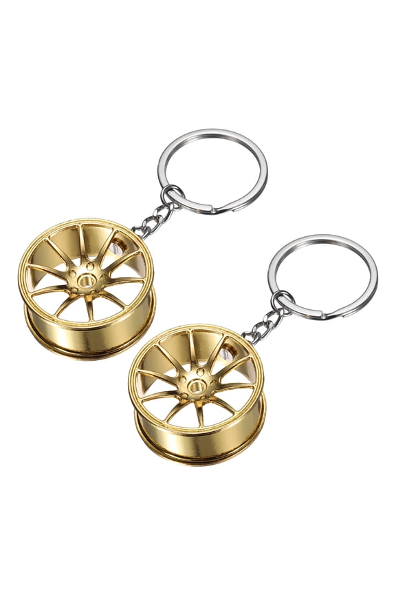 2Pcs Wheel Rim Tyre Keychain, Car Wheel Hub Auto Parts Key Chains Creative Key Fob Ring Fit Men Women for Cars Trucks Bikes, Gold