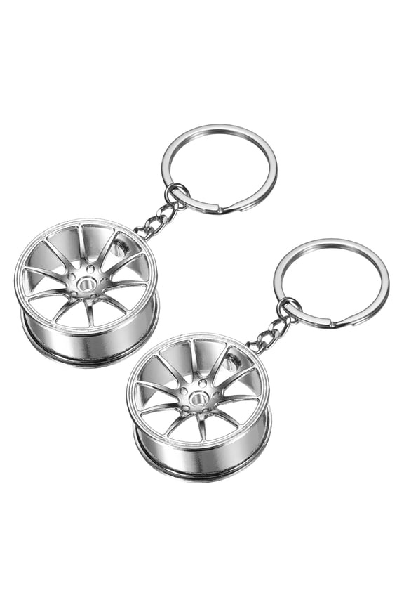 2Pcs Wheel Rim Tyre Keychain, Car Wheel Hub Auto Parts Key Chains Creative Key Fob Ring Fit Men Women for Cars Trucks Bikes, Silver