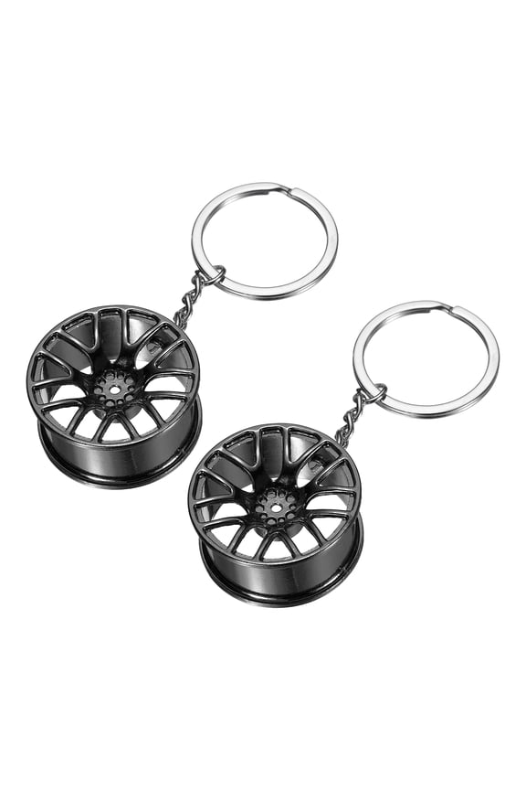 2Pcs Wheel Rim Tyre Keychain Car Wheel Hub Auto Parts Key Chains Rim Keyring Wheel Hub Key Fob Fit Men Women for Cars Trucks Bikes, Black