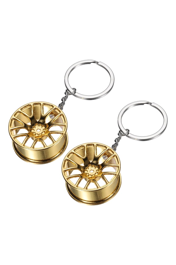 2Pcs Wheel Rim Tyre Keychain Car Wheel Hub Auto Parts Key Chains Rim Keyring Wheel Hub Key Fob Fit Men Women for Cars Trucks Bikes, Gold