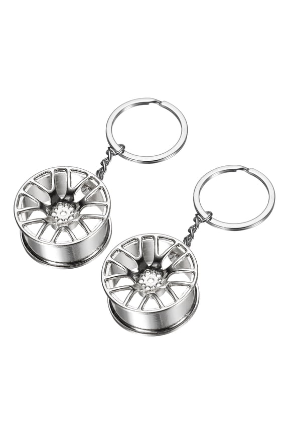 2Pcs Wheel Rim Tyre Keychain Car Wheel Hub Auto Parts Key Chains Rim Keyring Wheel Hub Key Fob Fit Men Women for Cars Trucks Bikes, Silver