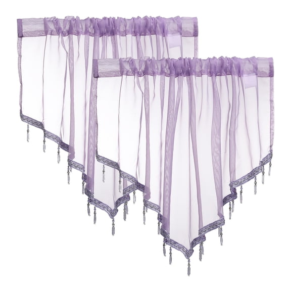 Uxcell 2Pcs Window Valance, 51x24 Inch Beaded Triangle Sheer Valance Curtains Small Short Light Filtering Sheer for Windows Bedroom Bathroom Living Room Kitchen, light Perple