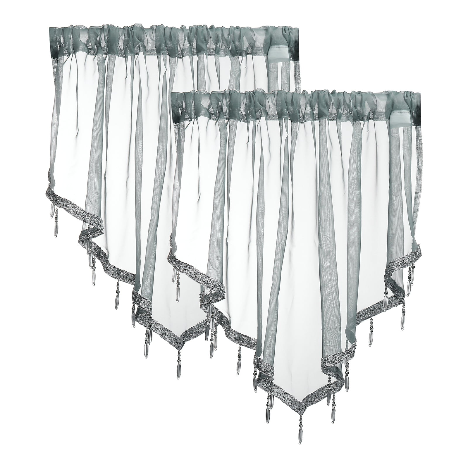 Uxcell 2Pcs Window Valance, 51x24 Inch Beaded Triangle Sheer Valance Curtains Small Short Light Filtering Sheer for Windows Bedroom Bathroom Living Room Kitchen, Gray