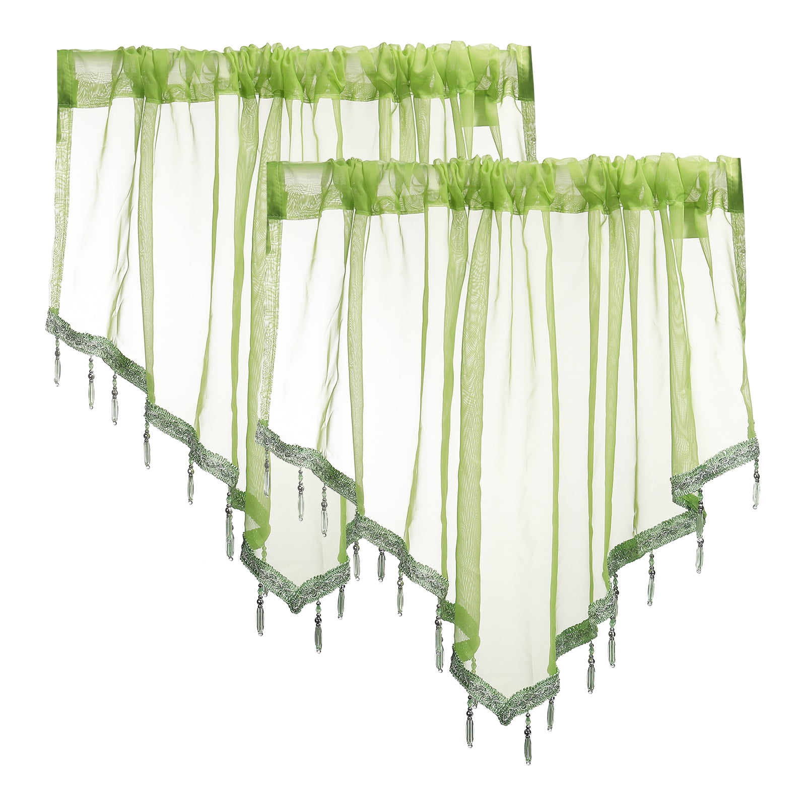 Uxcell 2Pcs Window Valance, 51x24 Inch Beaded Triangle Sheer Valance Curtains Small Short Light Filtering Sheer for Windows Bedroom Bathroom Living Room Kitchen, Green