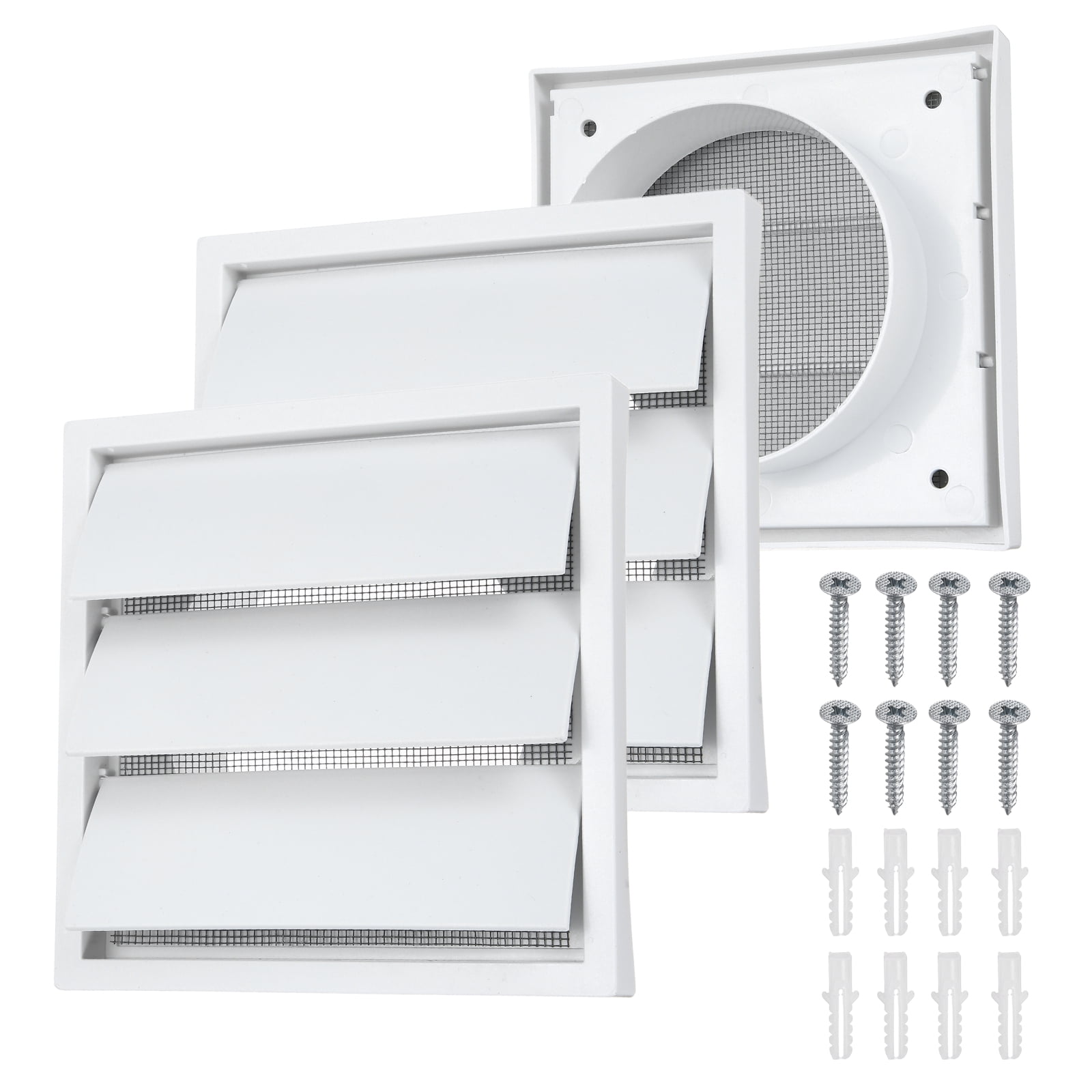 Uxcell 2Set Louvered Exhaust Vent Cover (4" Opening, 5.5"L x 5.5"W) - Air Wall Vent with Dustproof Mesh, Plastic Exhaust Ventilation Grille for Kitchen/Bathroom/Garage, White