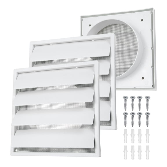 Uxcell 2Set Louvered Exhaust Vent Cover (5" Opening, 6.9"L x 6.9"W) - Air Wall Vent with Dustproof Mesh, Plastic Exhaust Ventilation Grille for Kitchen/Bathroom/Garage, White