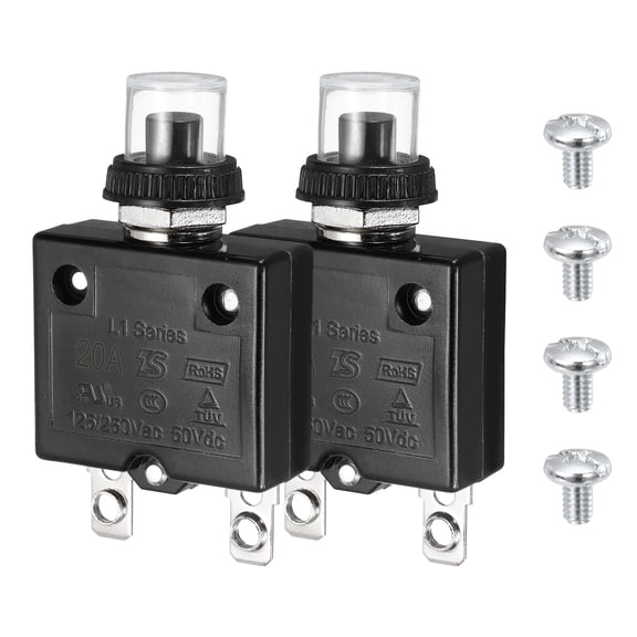 Uxcell 2Set Thermal Circuit Breaker, 20A 125/250V AC 50V DC Push Button Manual Reset Overload Protector Switch with Waterproof Button Caps Screw Nut Screws for Car Motor Air Compressor