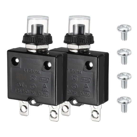 Uxcell 2Set Thermal Circuit Breaker, 30A 125/250V AC 50V DC Push Button Manual Reset Overload Protector Switch with Waterproof Button Caps Screw Nut Screws for Car Motor Air Compressor