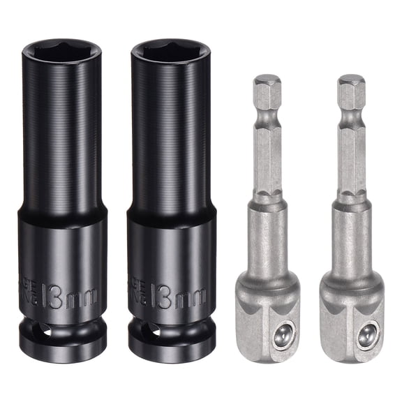 Uxcell 2pcs 1/2" Drive 13mm 6-Point Socket 3" Length, 2pcs 1/2" to 1/4" Hex Shank Adapter Sandblasted, CR-V Steel