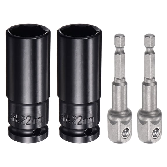Uxcell 2pcs 1/2" Drive 22mm 6-Point Socket 3" Length, 2pcs 1/2" to 1/4" Hex Shank Adapter Sandblasted, CR-V Steel