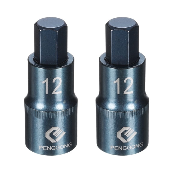 Uxcell 2pcs 1/2" Drive Impact Hex Bit Socket 12mm Metric 2.2" Length S2 Steel, Blue