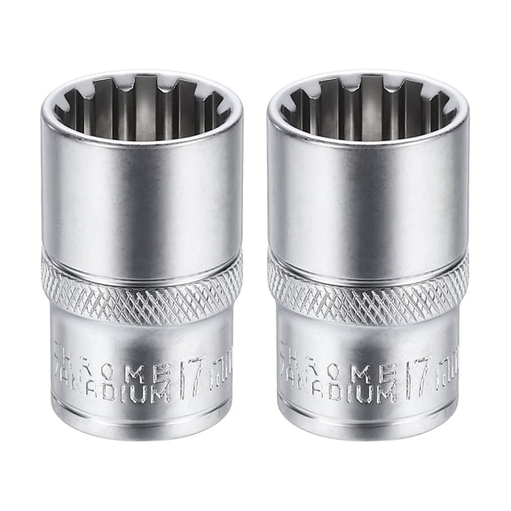 Uxcell 2pcs 12 Points Socket 1/2" Drive 17mm Metric Shallow Socket 1.5" (38mm) Long CR-V Steel Nickel Plating for Home Auto Nuts Bolts Repair