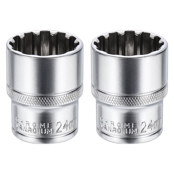Uxcell 2pcs 12 Points Socket 1/2" Drive 24mm Metric Shallow Socket 1.6" (40mm) Long CR-V Steel Nickel Plating for Home Auto Nuts Bolts Repair