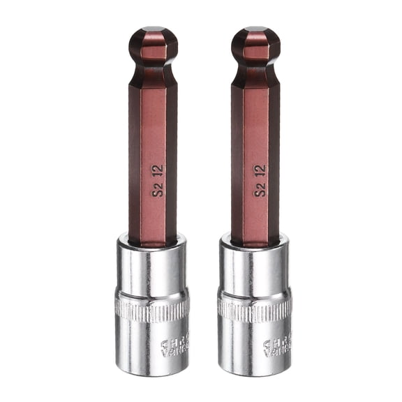 Uxcell 2pcs 12mm Ball End Hex Bit Socket 1/2" Square Drive Metric Extension Impact Bit Power Nut Driver Set S2 & CR-V Steel Socket Ratchet Wrench Bits