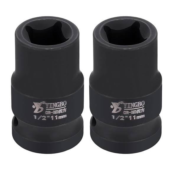 Uxcell 2pcs 4 Point Square Socket 1/2" Drive 11mm Metric Square Impact Socket 1.6" (40mm) Long 40CR Steel Phosphating Standard Wheel Sleeve Tool for Auto Repair Mechanical Home Use