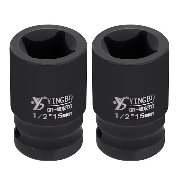 Uxcell 2pcs 4 Point Square Socket 1/2" Drive 15mm Metric Square Impact Socket 1.7" (44mm) Long 40CR Steel Phosphating Standard Wheel Sleeve Tool for Auto Repair Mechanical Home Use