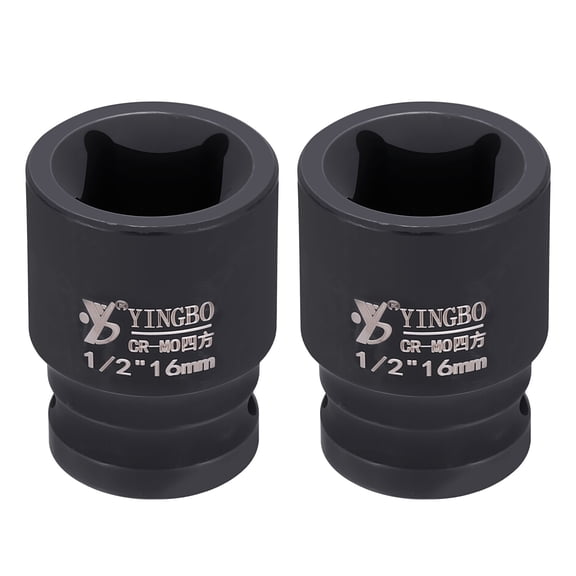 Uxcell 2pcs 4 Point Square Socket 1/2" Drive 16mm Metric Square Impact Socket 1.6" (40mm) Long 40CR Steel Phosphating Standard Wheel Sleeve Tool for Auto Repair Mechanical Home Use