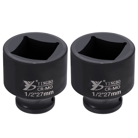 Uxcell 2pcs 4 Point Square Socket 1/2" Drive 27mm Metric Square Impact Socket 2" (51mm) Long 40CR Steel Phosphating Standard Wheel Sleeve Tool for Auto Repair Mechanical Home Use